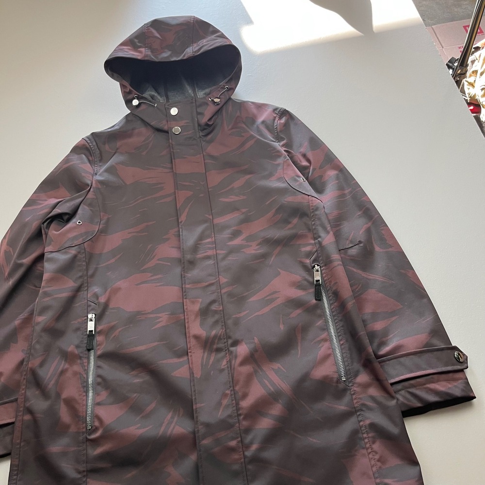 Ted Baker Parka Jacket Women 4 Burgundy Camo Hooded Longline Raincoat MMO-MANBO
